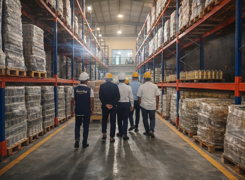 ES&S team touring a stocked distribution warehouse